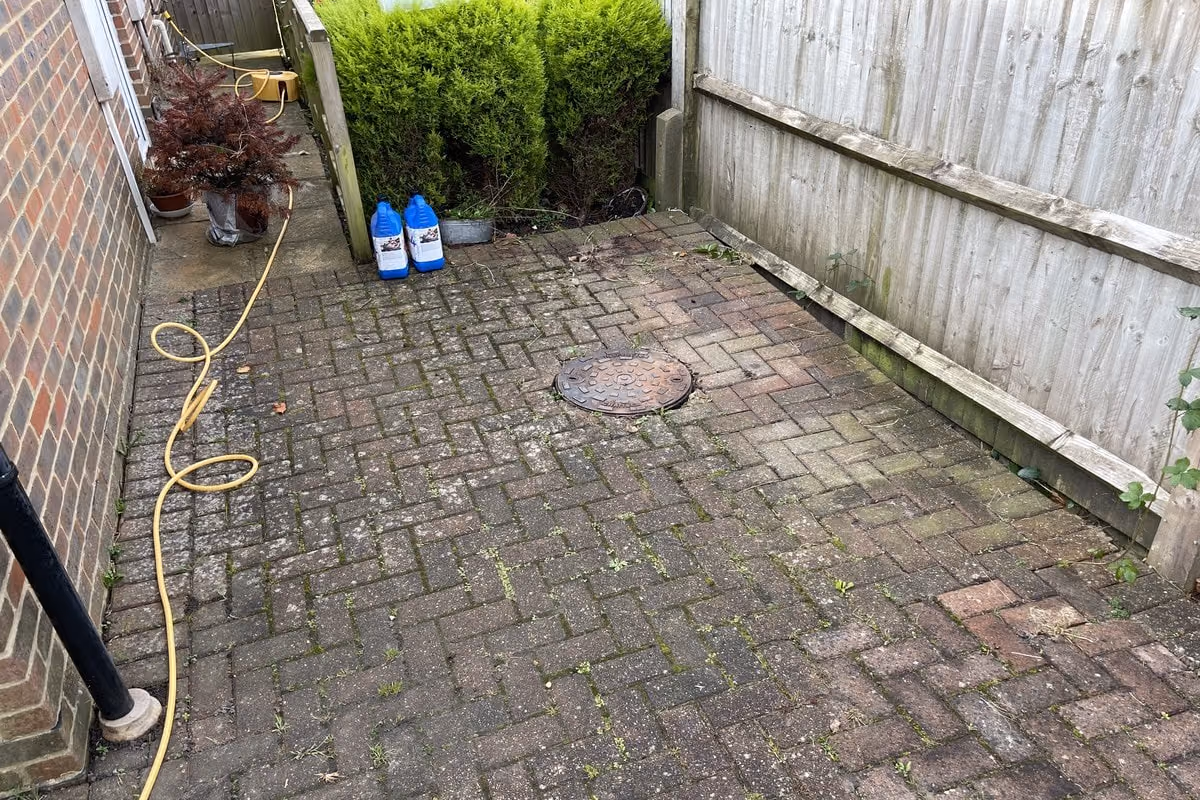 Narrow block paved side passage between a house wall and a fence, dulled with algae, with a hose run out across it