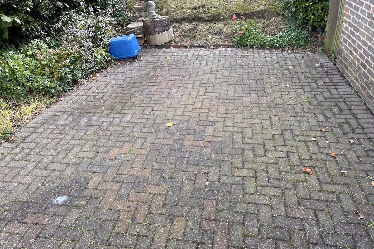 Block paving driveway with heavy green algae and moss in the joints, the red and charcoal blocks faded to a uniform grey