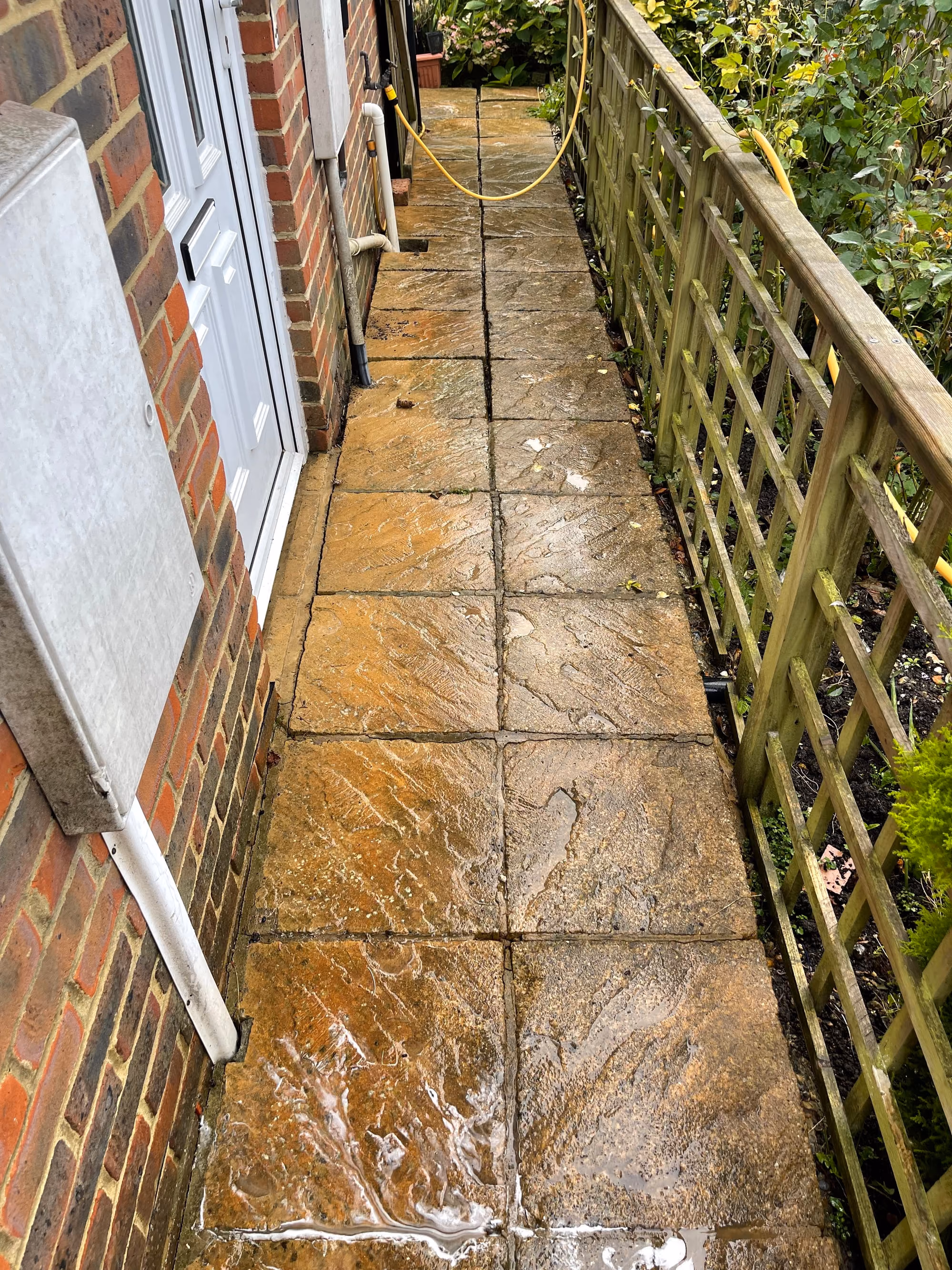 Sandstone tiles beside a trellis fence, wet and heavily marked with orange and rust coloured staining across several slabs